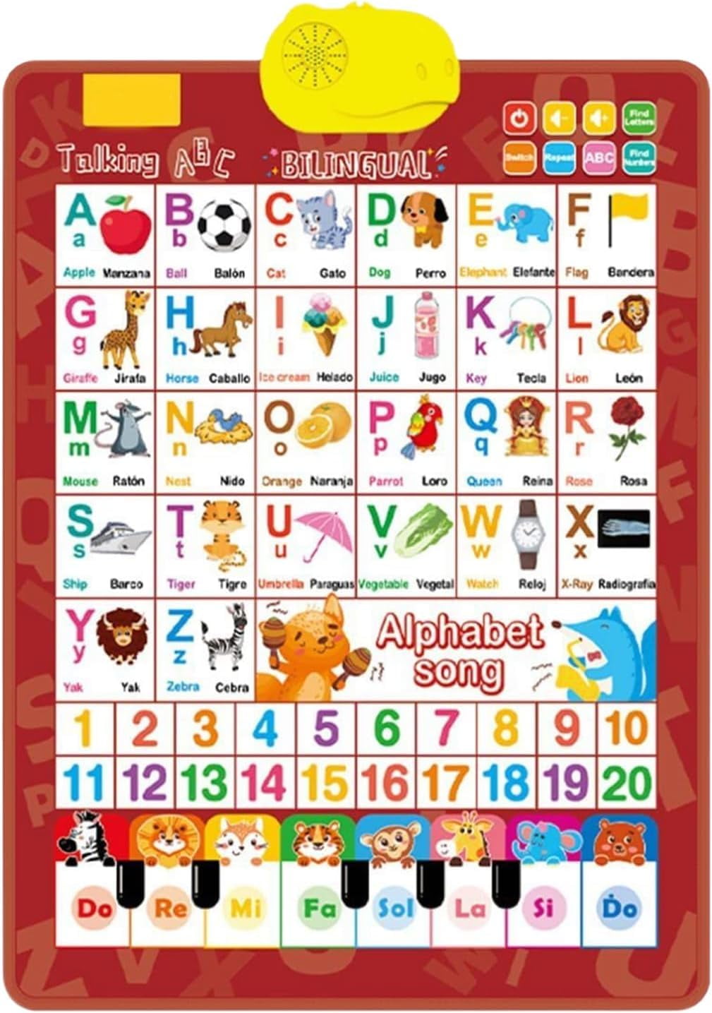 Talking Wall Chart, Bilingual English & Spanish Learning Poster with ABCs, Numbers and Piano, Interactive Educational Toy