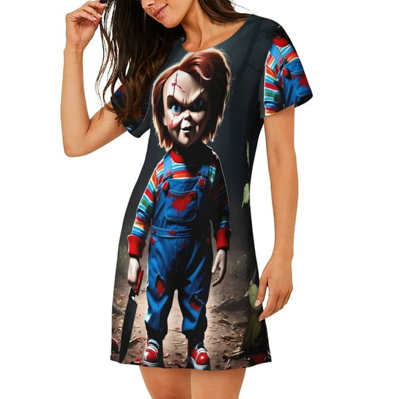 Saiise Women's Nightgown Sleepwear,Short Sleeve Pajama Dress,Chucky Print Loungewear for Home and Sleep