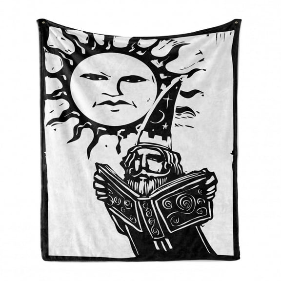 Fantasy Soft Flannel Fleece Throw Blanket, Wizard Reading Magic Book Beneath the Sun with Face Image, Cozy Plush for Indoor and Outdoor Use, 50" x 60", White Black, by Ambesonne