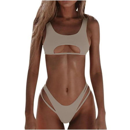 YANHAIGONG Matching Family Swimsuits Women s Solid Color Fashion Casual Broadband Sling Hollow Out Bikinis Sets