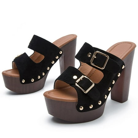 

EQWLJWE Platform Super High Heels Mules for Women Chunky Block Studded Round Toe Slides Sandals Backless Fashion Dress Club Shoes
