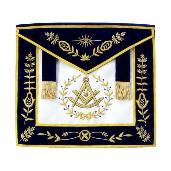 Past Master Blue Lodge Apron – Blue Velvet with Side Tabs & Gold Braid Hand Embroidery, Masonic Regalia with Adjustable Belt