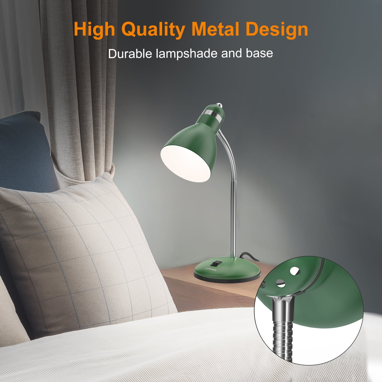 LEPOWER Metal Desk Lamp, Adjustable Gooseneck Table Lamp for Home, Office, Bedroom, Green