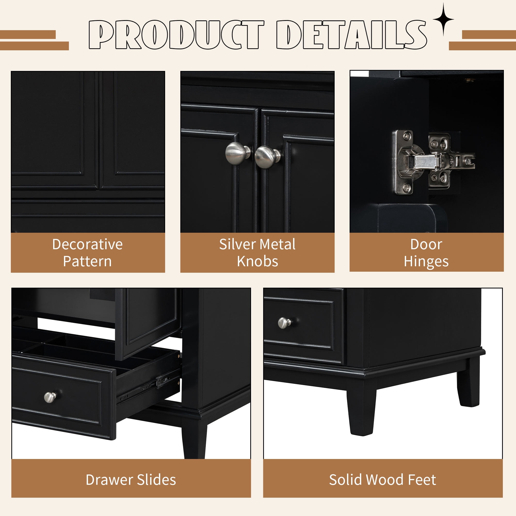 30" Bathroom Vanity Base Only, Solid Wood and MDF, Black, 29.5 in L x 17.8 in W x 33.8 in H