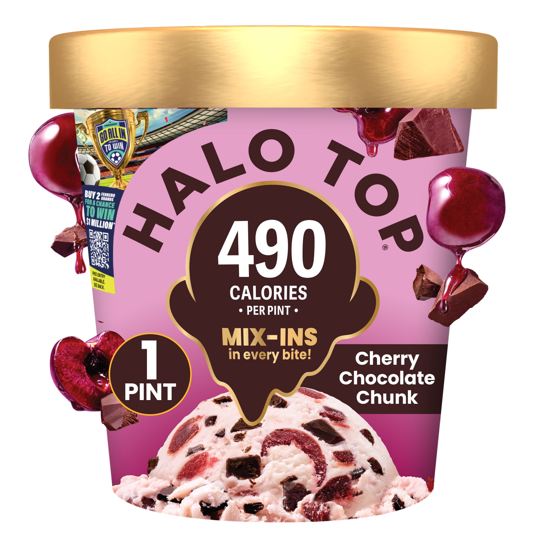 Halo Top Cherry Chocolate Chip Chunk Light Ice Cream, Lower Calorie Frozen Dessert Pint, 16 fl oz