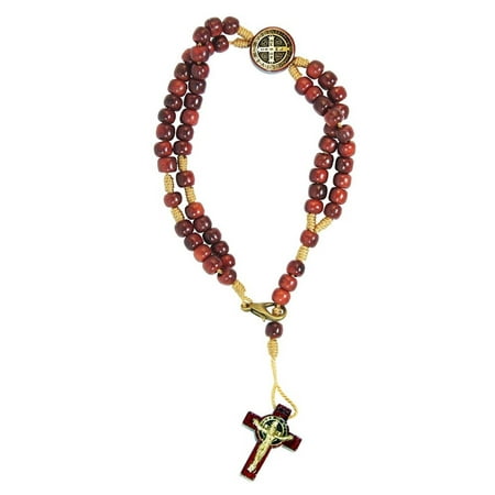 Wood Beads Shell Bracelets - San Benito St Benedict Medal Bracelet Cherry Wood Beads, 9.5 Inch