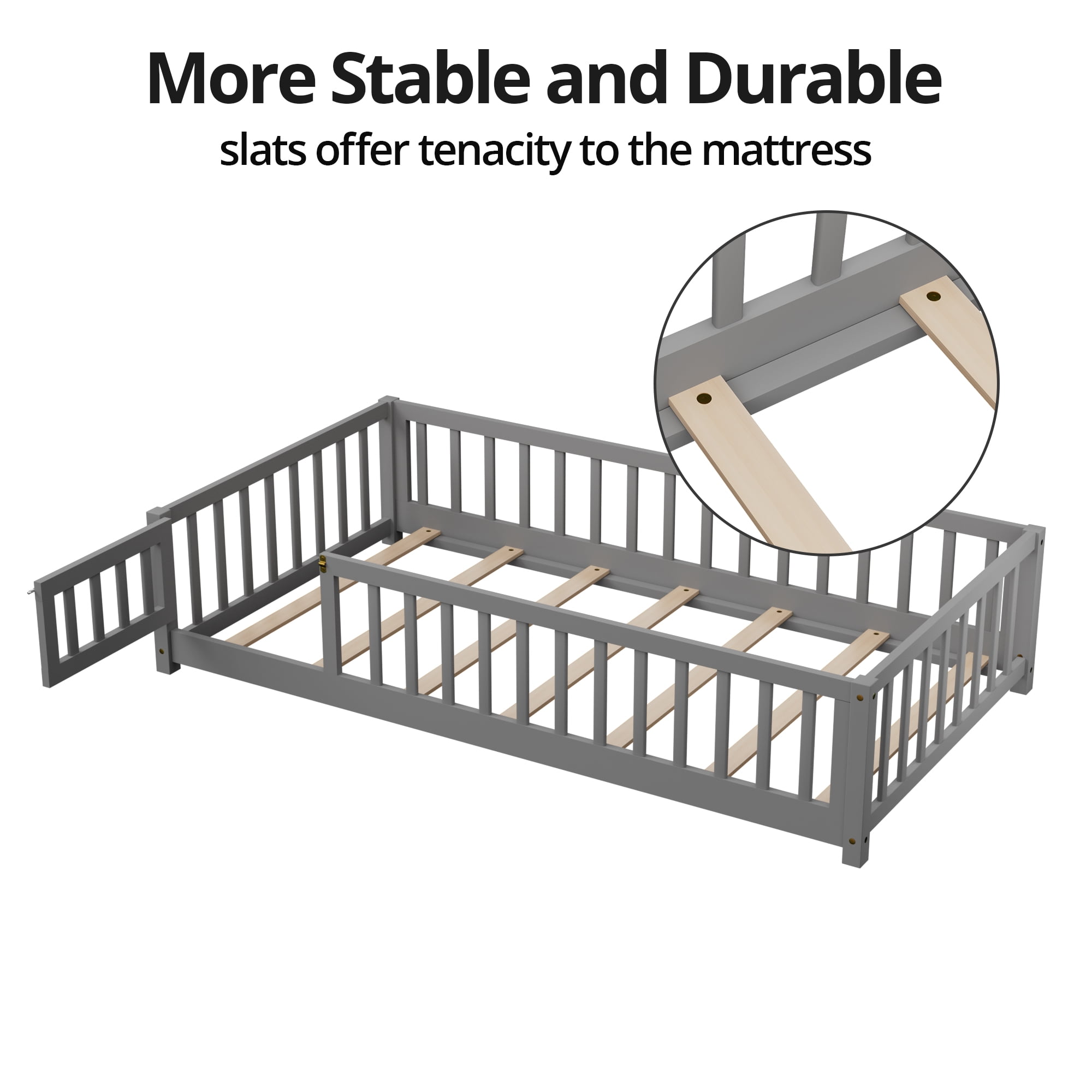 Twin Size Wood Floor Bed Frame with Fence and Door, Gray