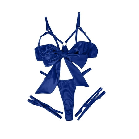 

Haite Women Bodysuit 3 Pieces Lingerie Set Garter Breathable Teddy Babydoll Deep V Neck Ladies Sexy Bra And Panty With Leg Ring Blue S