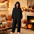 thumbnail image 6 of Unisex Black Adult Hooded One Piece Jumpsuit,Full Zip Long Sleeve Casual Onesie Halloween Pajamas for Loungewear Home Sleepwear for Men Women, 6 of 8