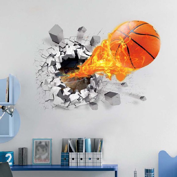 Sports Themed Wall Decals Decorative 3D Broken Wall Basketball Wall Stickers Mural Sticker Wall Art Decor for Kids Boys Girls Room Child Teen Bedroom Living Room Class Room College Dorm