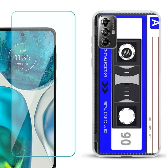 OneToughShield ® for Motorola Moto G Play 2023 Shockproof Fashion Phone Case, with Tempered Glass Screen Protector - Cassette Blue