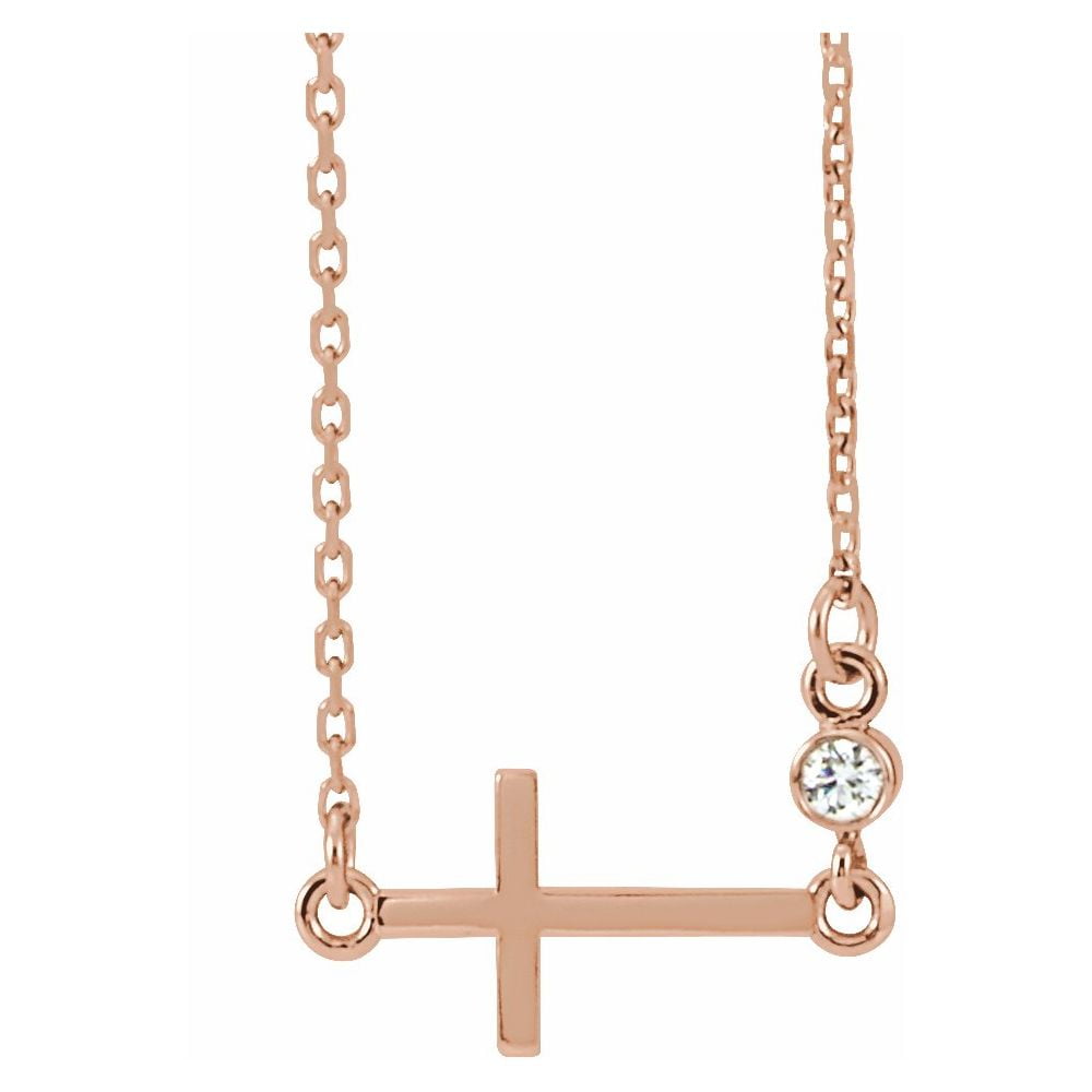 14K Rose Gold Round Diamond Sideways Cross Necklace 18 inch Fine Jewelry  for Womens