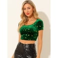 thumbnail image 2 of Top Corto De Terciopelo Para Mujer, Cuello Cuadrado, Manga Corta, Casual, Ajustado, Camiseta Verde L, 2 of 6