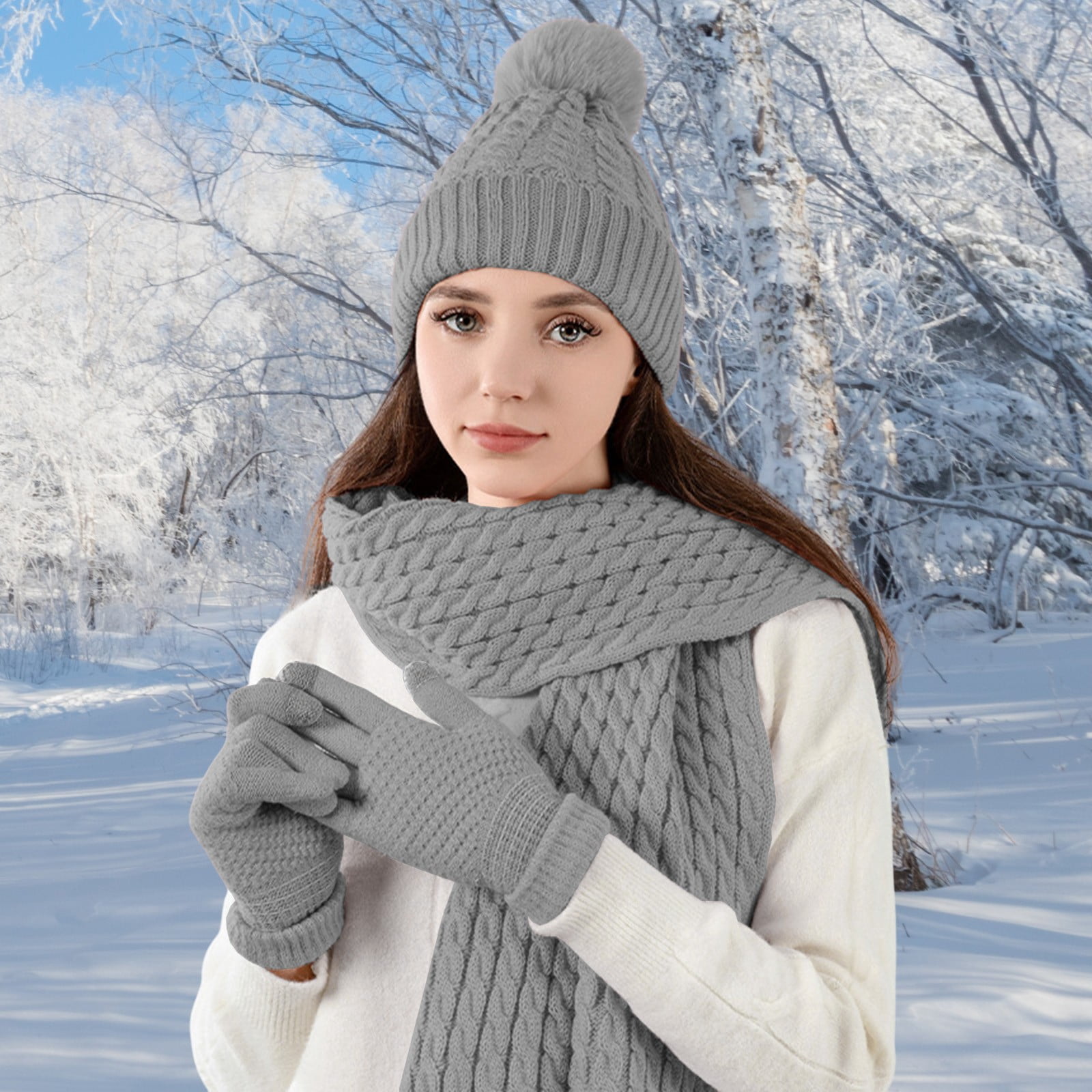 Winter Womens Beanie Scarf Gloves Set Acrylic Touchscreen Knitted Warm Gift Winter Beanie Hat, Scarf, and Touchscreen Gloves Set for  main image 2