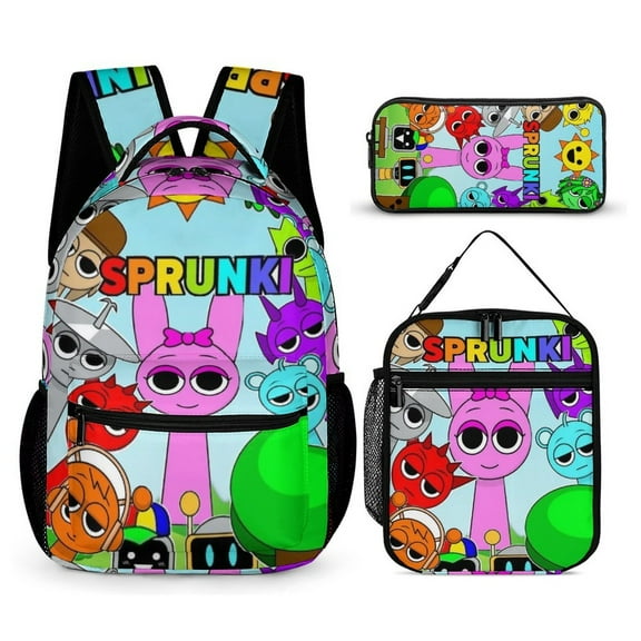 3-PieceSprunki Large Capacity Anime Backpack with Lunch Bag & Pen Case | Casual Schoolbag for Travel, Outdoor, Fashion Daypack