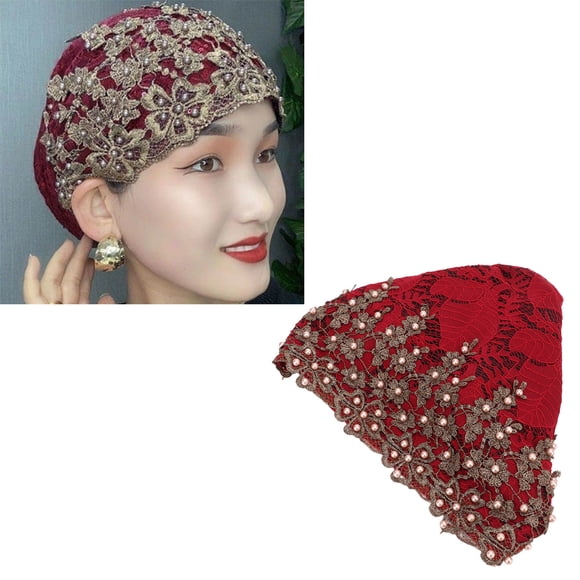 Turbante para la Cabeza para Mujer, Sombrero de Pelo de Lana Con cuentas de encaje Bordado Vintage para bufandas musulmanas