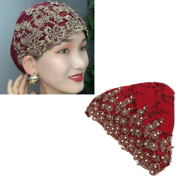 Turbante para la Cabeza para Mujer, Sombrero de Pelo de Lana Con cuentas de encaje Bordado Vintage para bufandas musulmanas