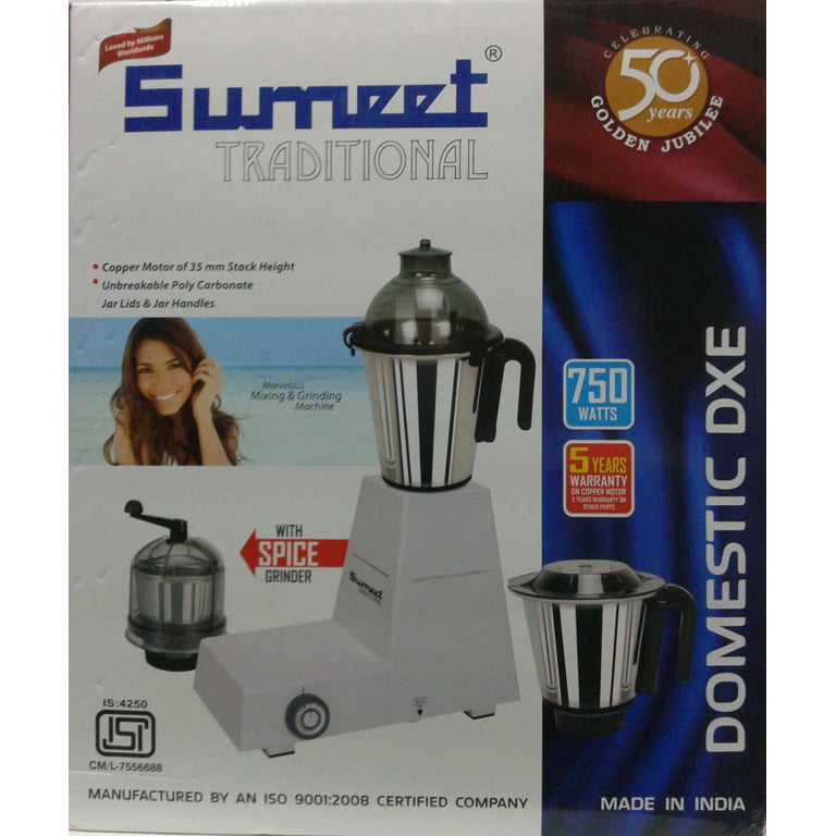 Sumeet Traditional 750 Watt Mixer Blender Grinder - White Color - 110-120 Volt 60 Hz for Usa/ Canada