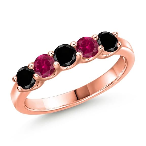 Gem Stone King 18K Rose Gold Plated Silver Black Diamond and Red Created Ruby Wedding-Bands Ring for Women | 1.01 Cttw | Round 3.5MM | Gemstone April Birthstone | Size 5