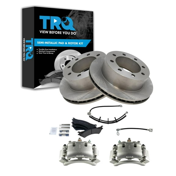 TRQ Rear Brake Pad & Rotor Kit Brake Caliper Brake Hose Brake Pads Brake Rotor Semi-Metallic Fits Select 2003-2007 Ford E-250 2000-2002 E-250 Econoline