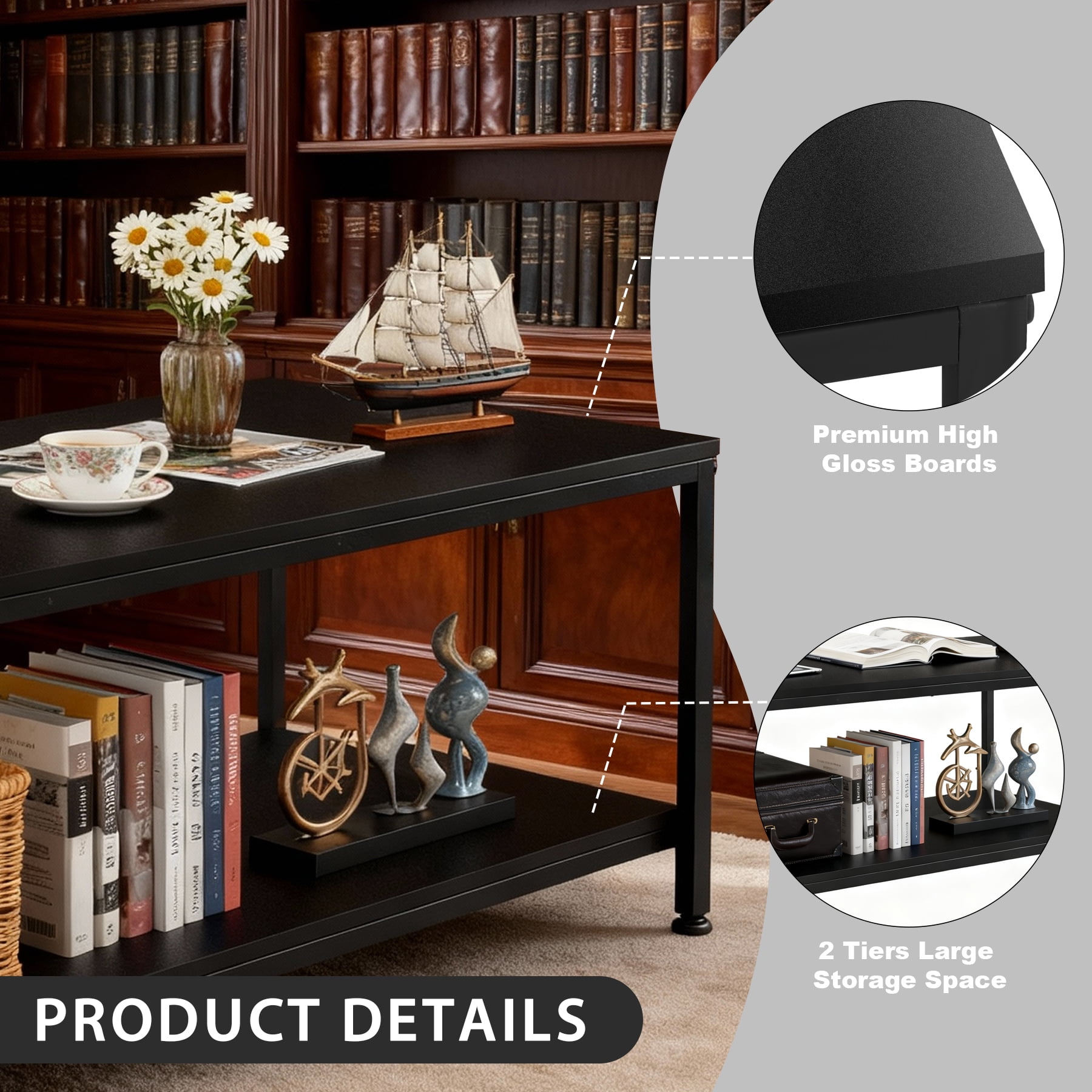 ZenSports 39.4"L Rectangle 2-Tier Coffee Table Wood Cocktail Table Metal Frame W/Storage Shelf,Black for Apartment Home Office