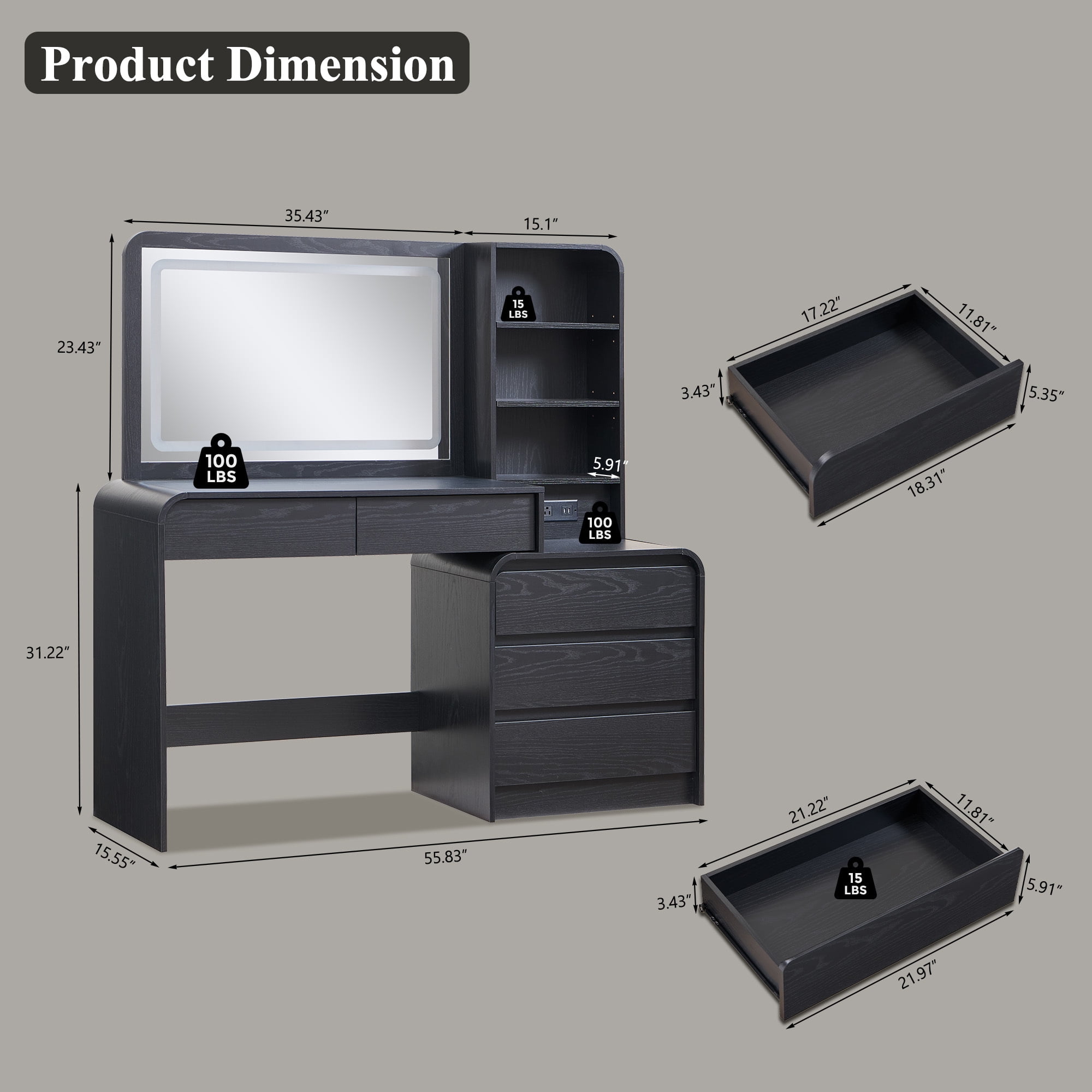 wow97e Modern Vanity Desk with Touch Screen LED Mirror, 55" Big Make Up Table with 5 Drawers , Wood Dressing Tablew/3 Color Available, Charging Station