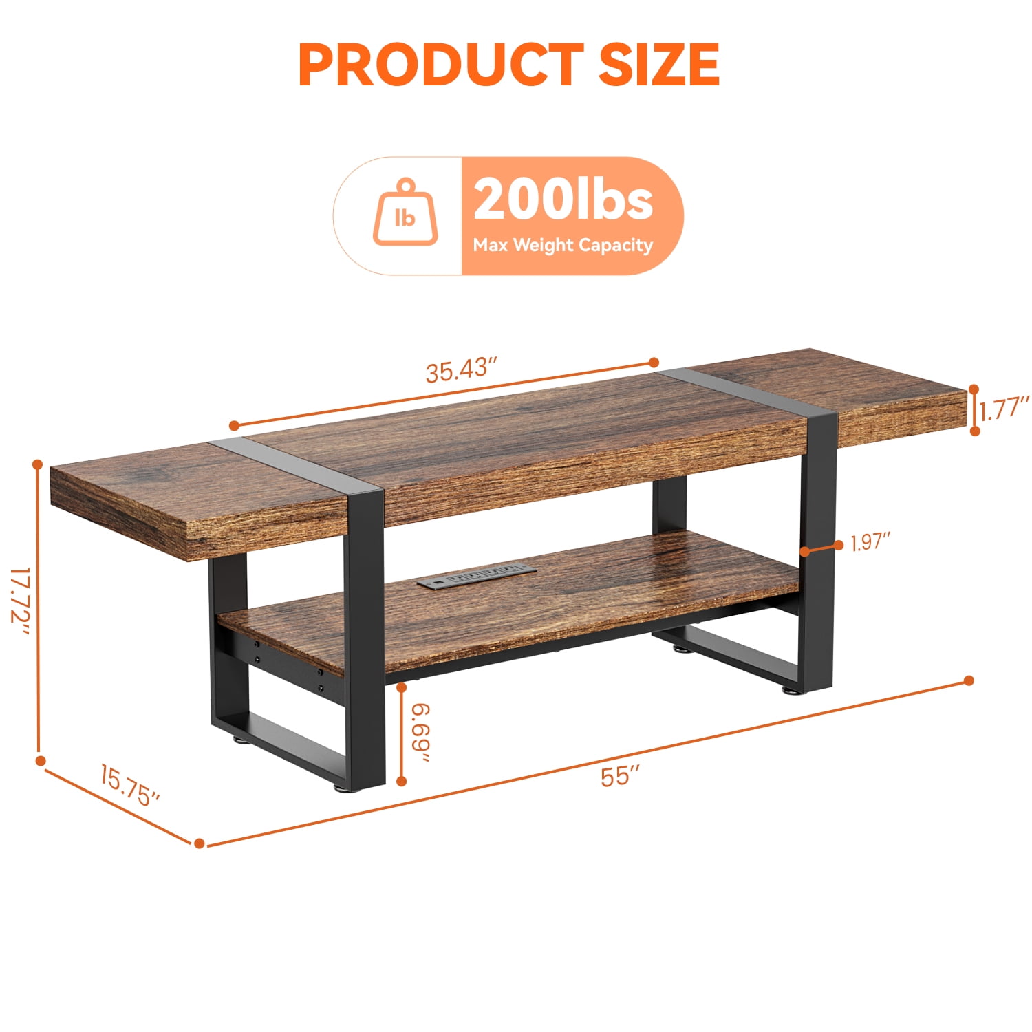 Behost Coffee Table for Living Room with Storage Shelf Farmhouse Style Center Table with Charging Station & Type-C Ports Easy Assembly Rustic Brown