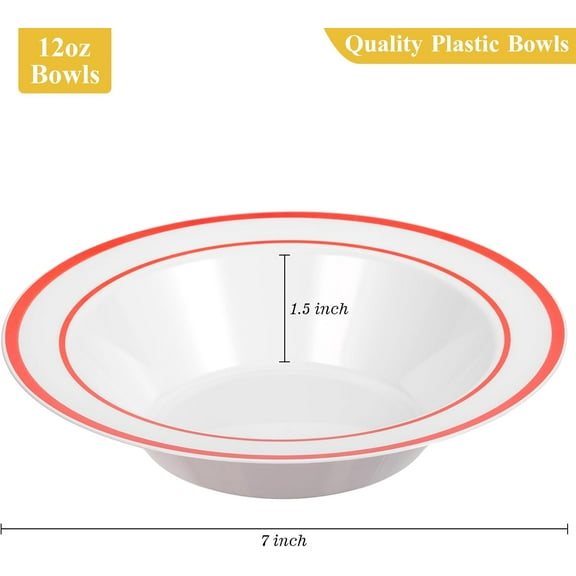 YUYAN-50 Pack Plastic Bowls with Red Rim, 12oz Disposable Soup Bowls, Heavy Duty Dessert Bowls for Weddings, Parties, Christmas Dinners, Catering, Thanksgiving and Everyday Use