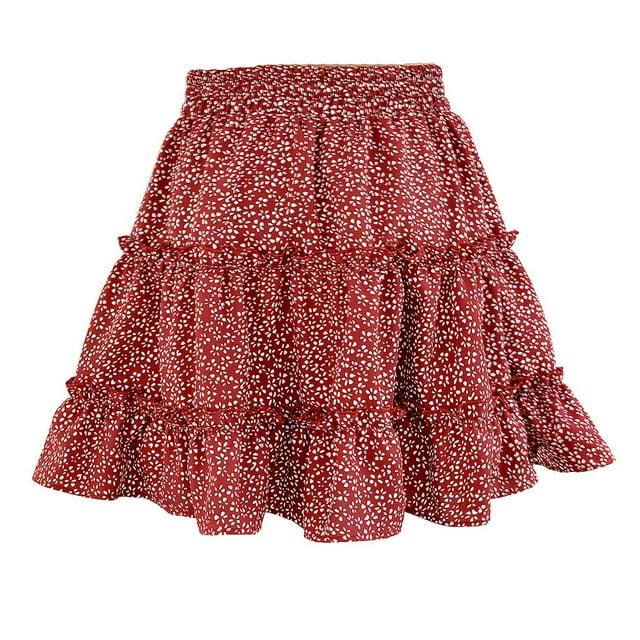 Mrat Women's Floral Print High Waist with Drawstring Ruffle FlaRed-A Boho a Line Mini Skirt S-20 Red-A XL