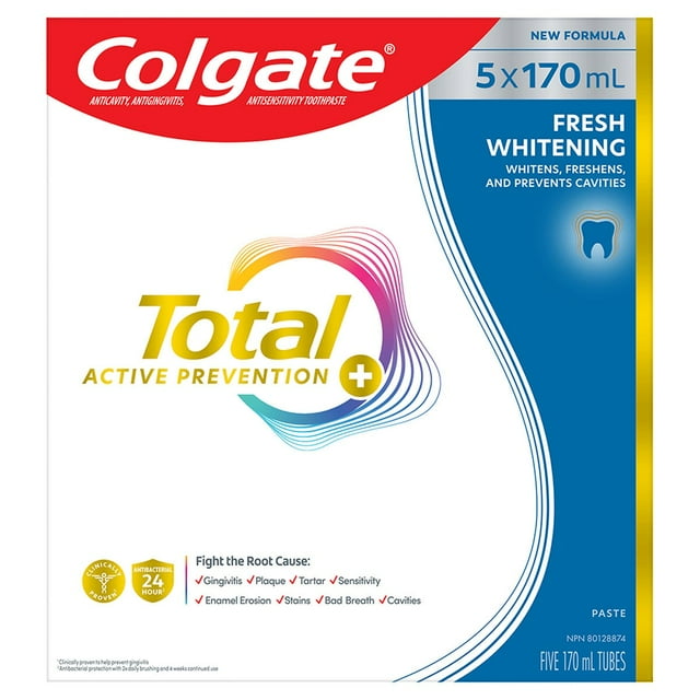 Colgate Prévention Active Plus Dentifrice Blanchissant Frais, 5 X 170 ml