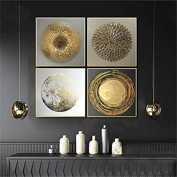 Pack of 4 Nordic Luxury Gold Abstract Wall Art Canvas Poster Print Minimalist Painting Picture Home Decor for Living Room Bedroom with Wooden Inner Frame
