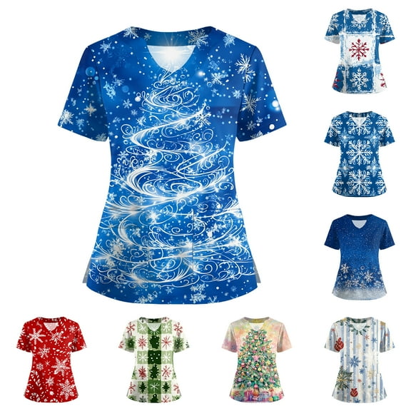 Garbnen Scrub Tops Women Plus Size Merry Christmas Scrub Shirts for Women Short Sleeve V Neck Snowman Print Nurse Uniform with Pockets