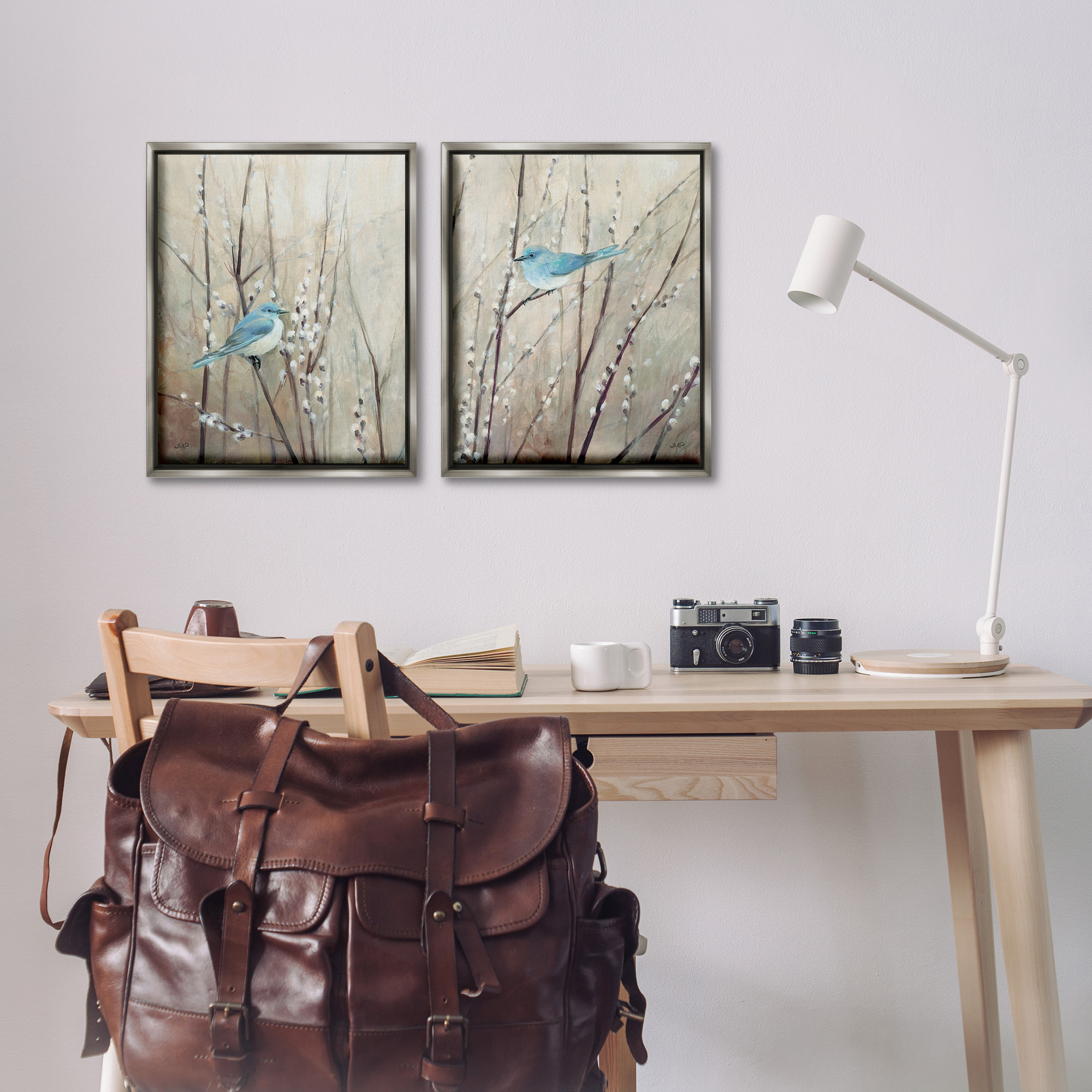 Stupell Industries Peaceful Perched Blue Birds Animals & Insects Painting Gray Floater Framed Canvas Art Print Wall Art, 17 x 21, Set of 2