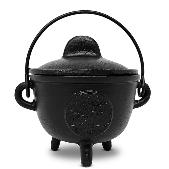New Age Imports Cast Iron Cauldron with Lid and Handle Tree of Life BR94