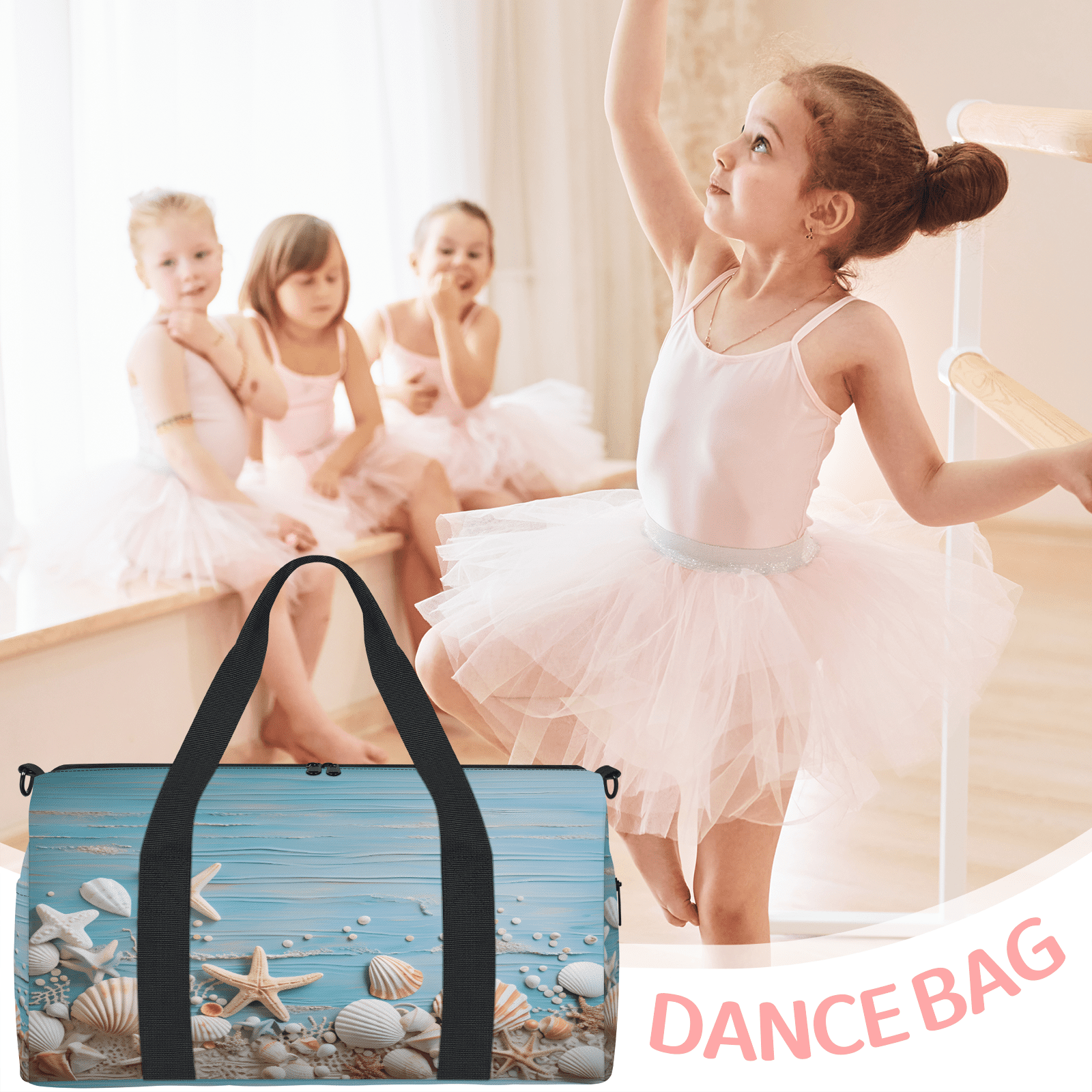 Herdesigns Starfish and Seashells Blue Gym Bag for Women, Duffle Bag for Travel Sport, Beach Coastal Nautical Lightweight Waterproof Carry on Weekender Dance Yoga Workout Bags