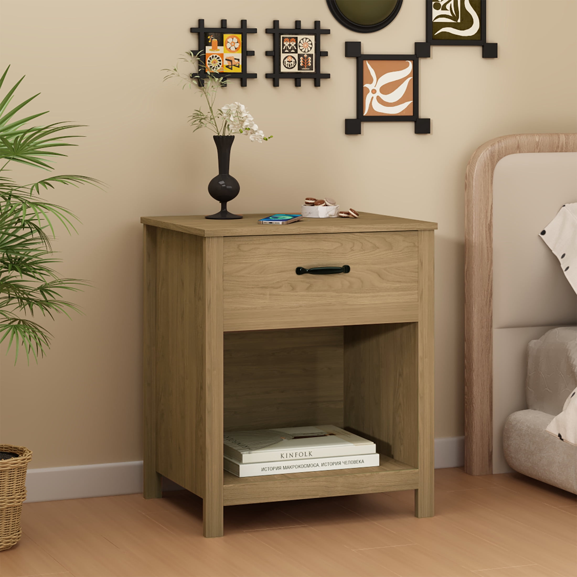 Noble House Wahid Modern Wood Nightstand with Smooth-Glide Drawer and Open Storage Shelf, Bedside Table, Brown