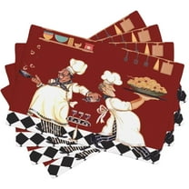 Chef Table Placemats Set of 4 - Abstract Funny Cook Theme for Living Room, Holiday Banquet - Red Black Buffalo Check Plaid Kitchen Dining Decor
