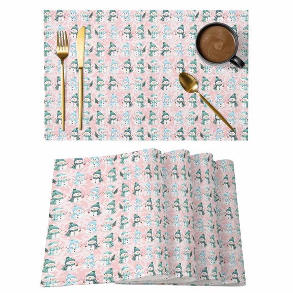 Christmas Snowman Seamless Placemats Set of 6,Wipeable Washable Table Mats for Dining Tables, Winter Snowflake on Pink Place Mats for Kitchen Event Party Tabletop Decor