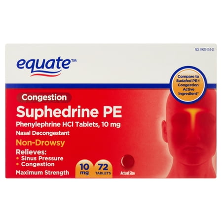 Equate Phenylephrine HCI Congestion Suphedrine PE Tablets, 10 mg, 72 Count