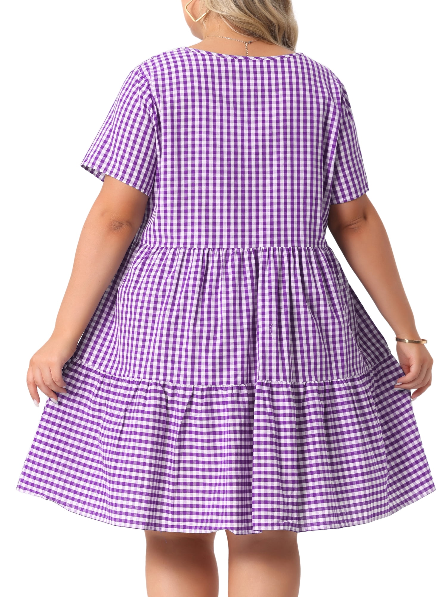 DARING DIVA Women's Plus Size Plaid Round Neck Short Sleeve Midi Dress 1X Purple