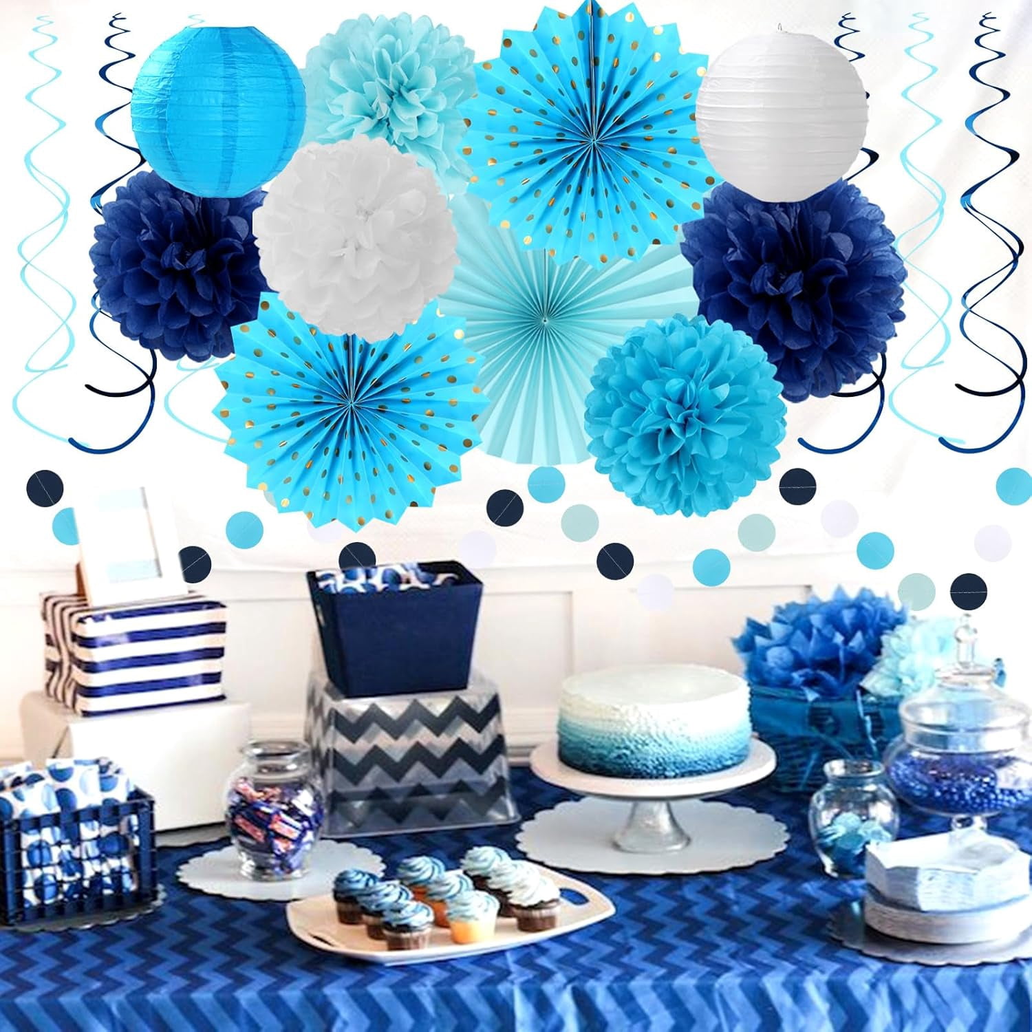 NestE Light Royal Navy-Blue White Party-Decorations - 33pcs Kits Banner, Streamers Tassel Garland,Tissue Pom Poms Honeycomb, Paper Lantern Fans,Birthday Bachelorette Bridal Wedding Baby Shower Decor
