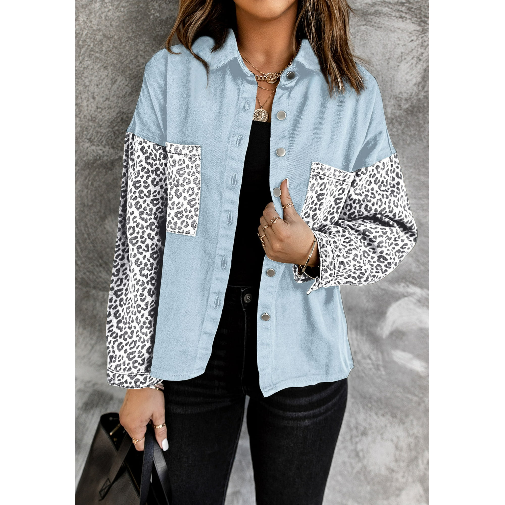 Veste en Jean Leopard Bleu Ciel pour Femmes
