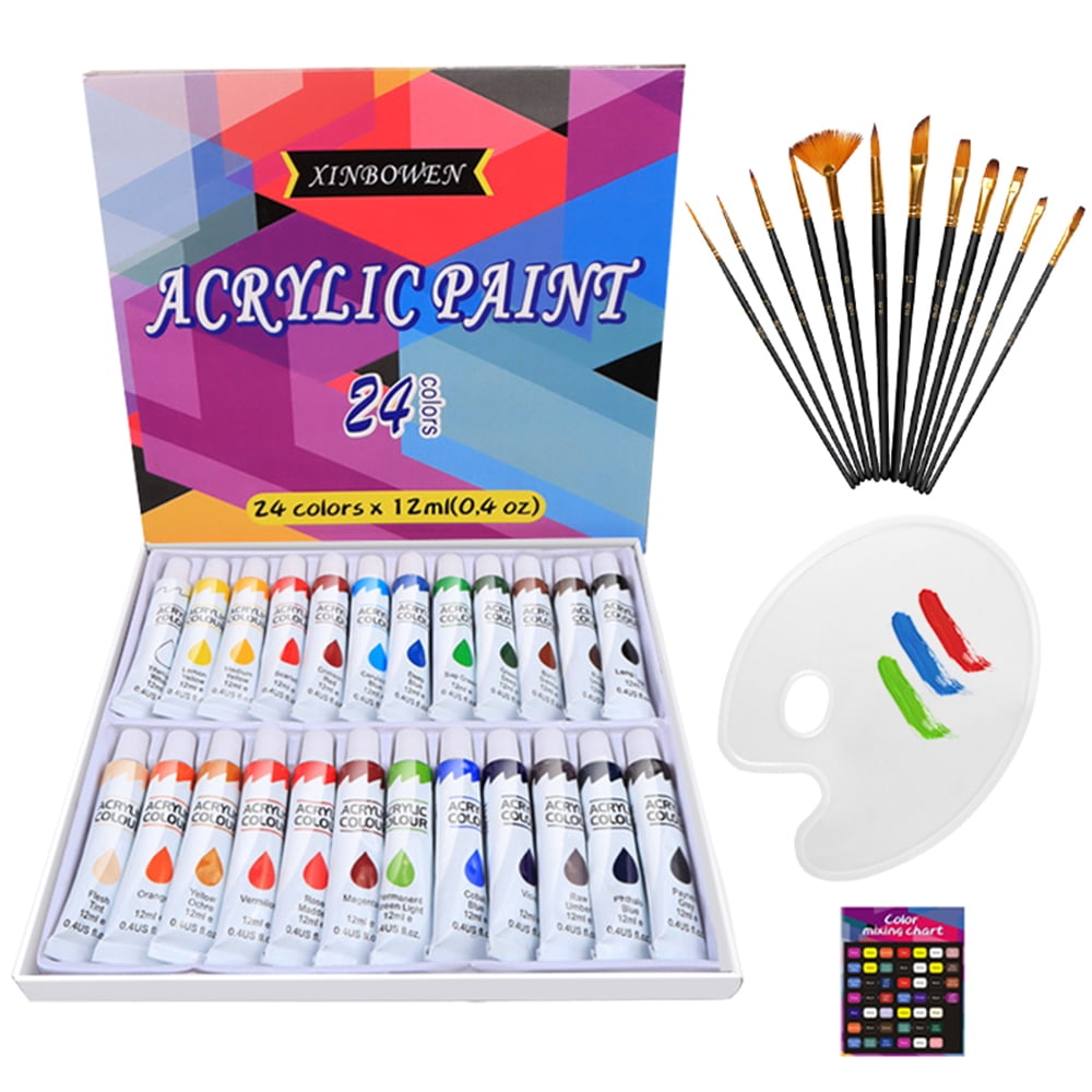 Acrylic Paint Set, 12 Paint Brushes, 24 Pigments Colors, 1 Palette, Art Supplies Starter Kit for