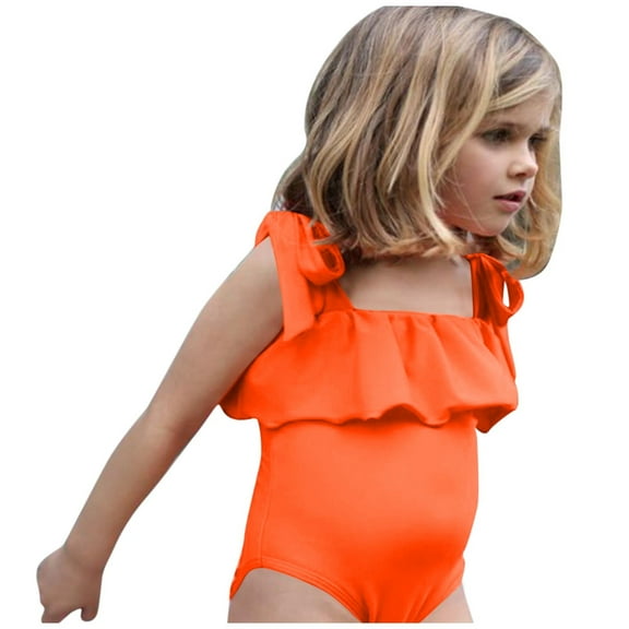 qolati Toddler Girl Swimsuit Cute Ruffled Sleeveless Bathing Suit Solid Spaghetti Straps One-Piece Swimwear Summer Beach Wear
