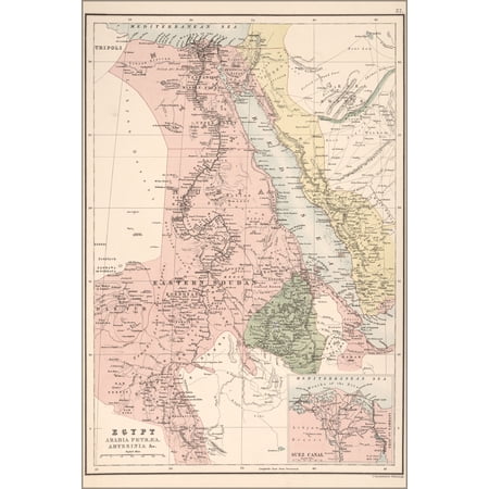 24"x36" Gallery Poster, map of Egypt, Arabia Petraea, Abyssini 1885