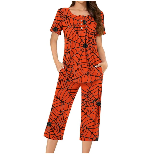 Jamicy Ensemble de Pyjama en Soie pour Femmes Vêtements d'Intérieur pour Femmes Mode Décontractée Ample Imprimé Col Rond à Boutons Ensemble de Pyjama Capri Pyjama d'Halloween