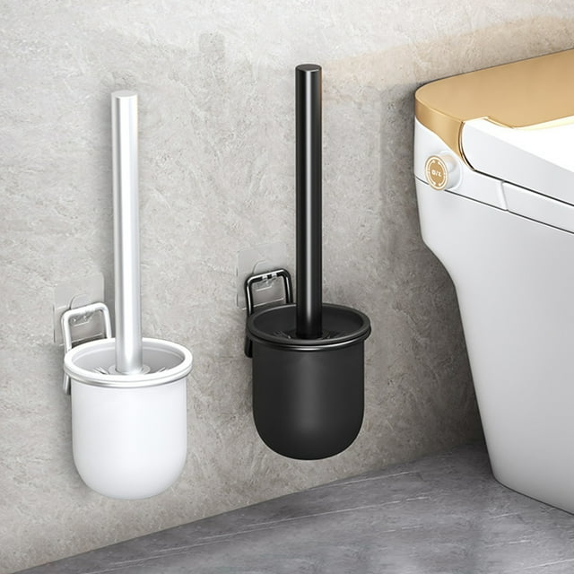 Juego de cepillos para inodoro – mango de aleación de aluminio, moderno negro o blanco, cabeza de cerdas largas, diseño compacto, base resistente, secado rápido, fácil de limpiar, limpiador de baño