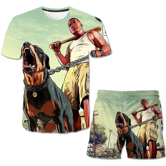 Traje de moda para niño, conjunto de ropa informal de verano, Top corto, 2 uds., conjunto de ropa para bebé, juego Grand Theft Auto, GTA 5, trajes para niños, ropa 10T Gao Jinjia LED