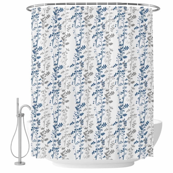 Navy Blue and Grey Leaf Bathroom Shower Curtains with Hooks, Abstract Farm Plants Floral Branches Waterproof Fabric Washable Shower Curtain for Home Hotel Bathtub Decor 36x72 Inch