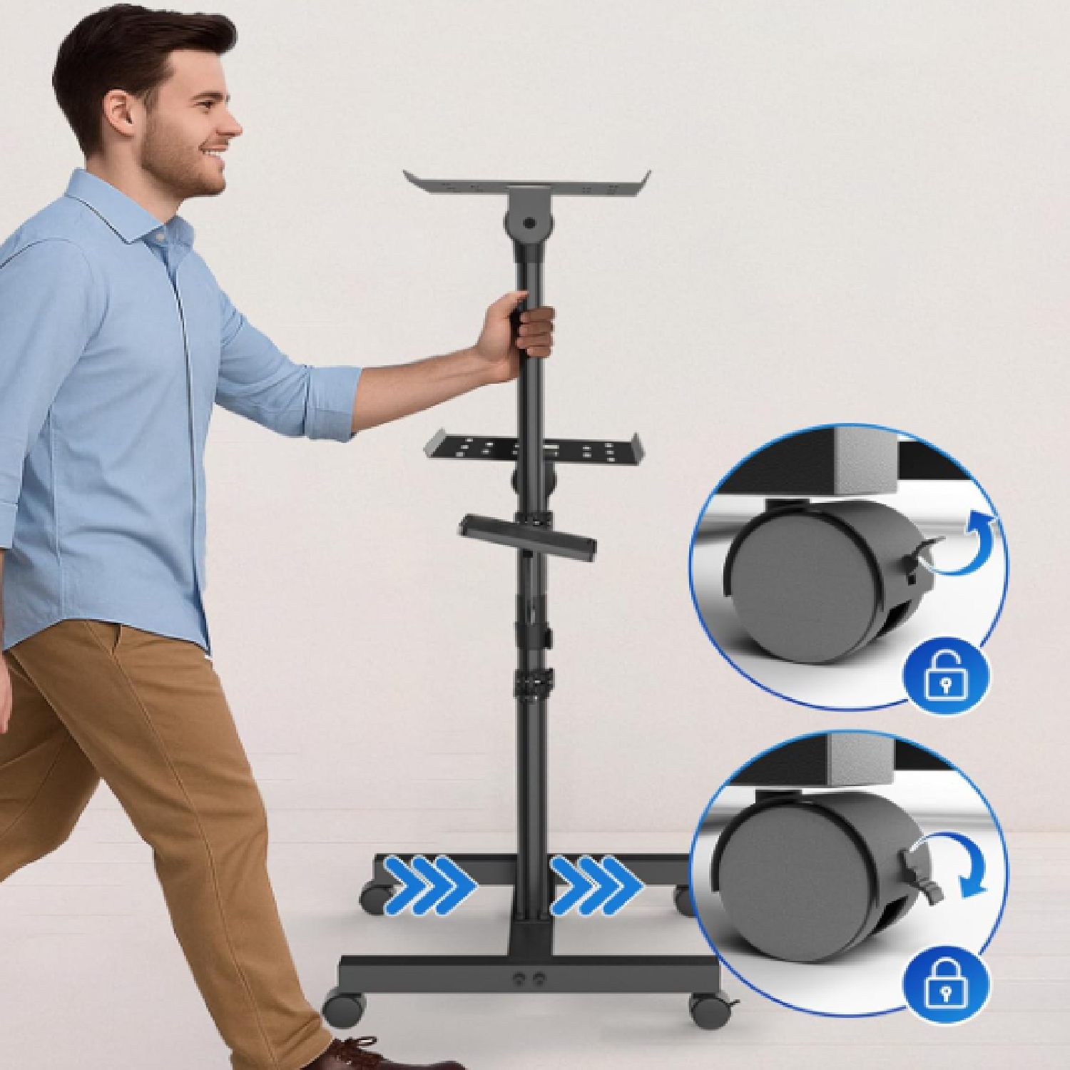 Projector and Laptop Stand Tripod, 2 Shelves Mobile Laptop Tripod Stand, Max 47" Height Adjustable Laptop Cart on Wheels, Projector Floor Stand with Ventilated Tray for Podium, Meeting, Couch